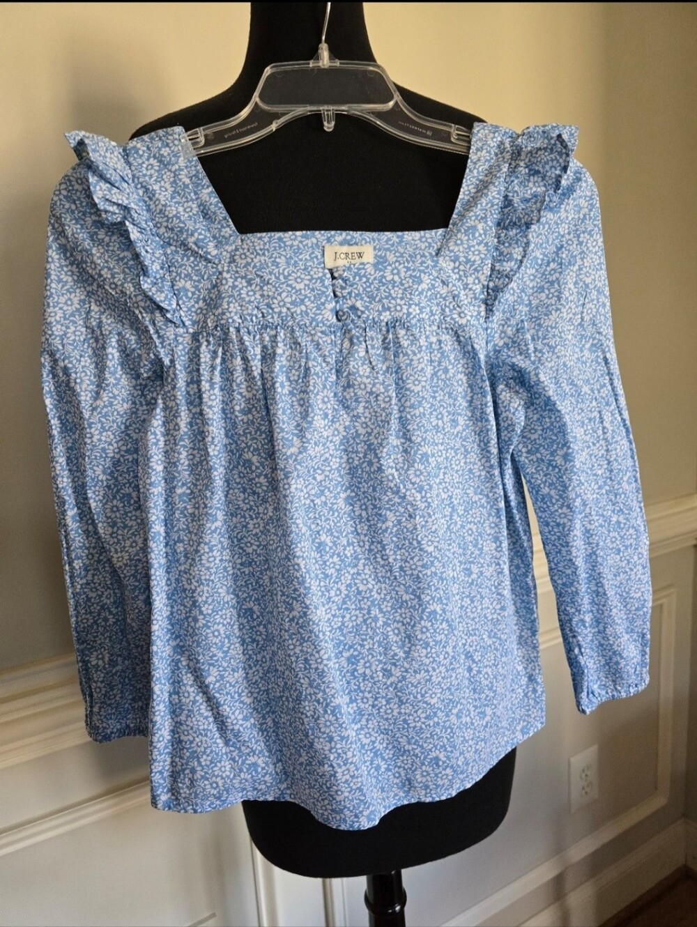 NWT J. Crew Light Blue Floral Ruffle-Trim Square Neck Blouse PXXS